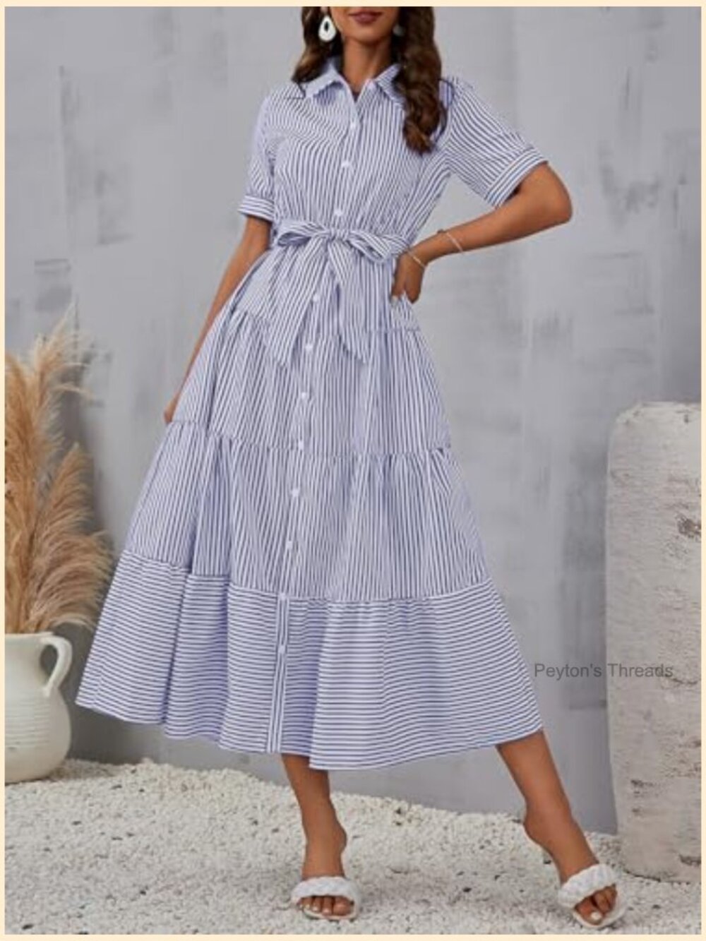 Women's Boho Striped Cotton Shirt Dress Button Down Flowy Maxi with Pockets - Picture 4 of 5